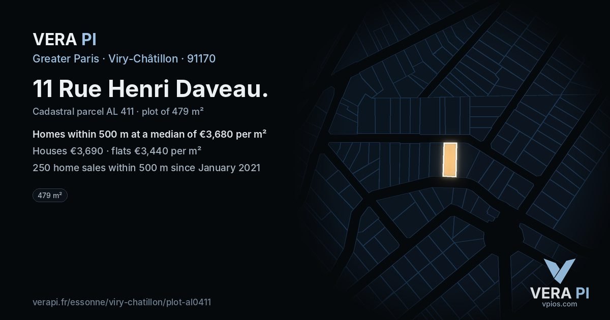 11 Rue Henri Daveau, Viry-Châtillon at night – the plot lit, the parcels around coloured by the prices near them