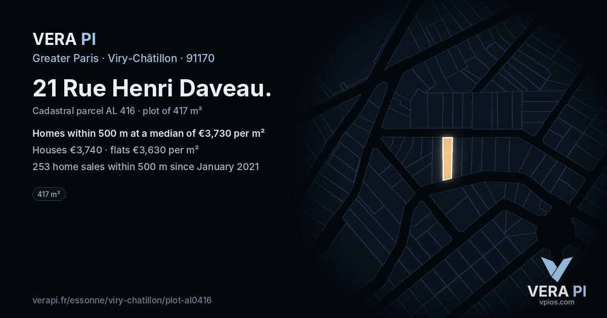 21 Rue Henri Daveau, Viry-Châtillon at night – the plot lit, the parcels around coloured by the prices near them