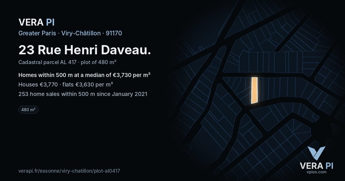 23 Rue Henri Daveau, Viry-Châtillon at night – the plot lit, the parcels around coloured by the prices near them