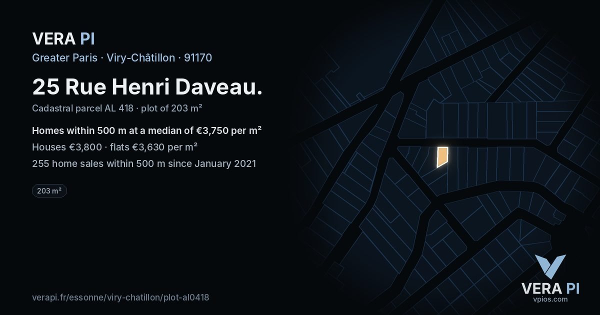 25 Rue Henri Daveau, Viry-Châtillon at night – the plot lit, the parcels around coloured by the prices near them