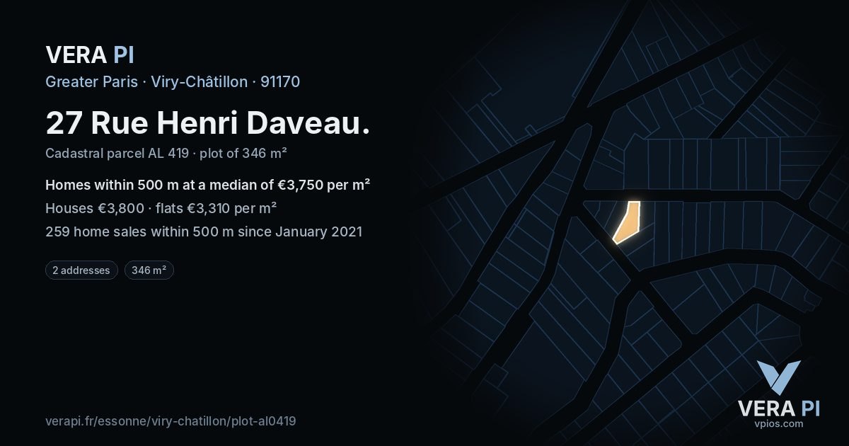 27 Rue Henri Daveau, Viry-Châtillon at night – the plot lit, the parcels around coloured by the prices near them