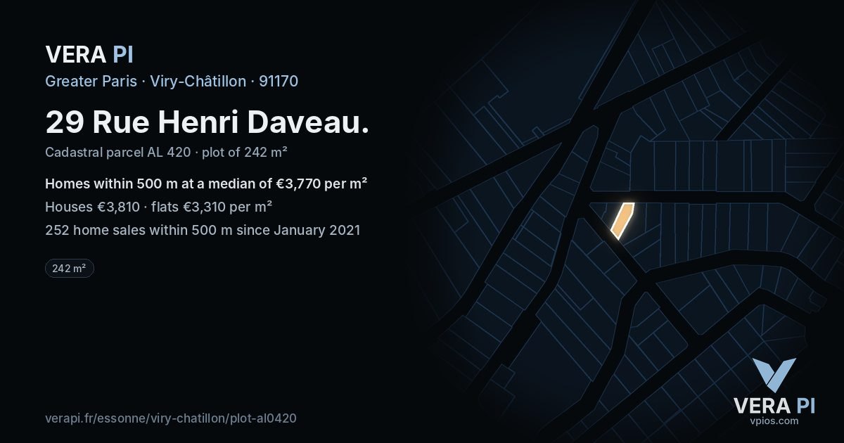 29 Rue Henri Daveau, Viry-Châtillon at night – the plot lit, the parcels around coloured by the prices near them