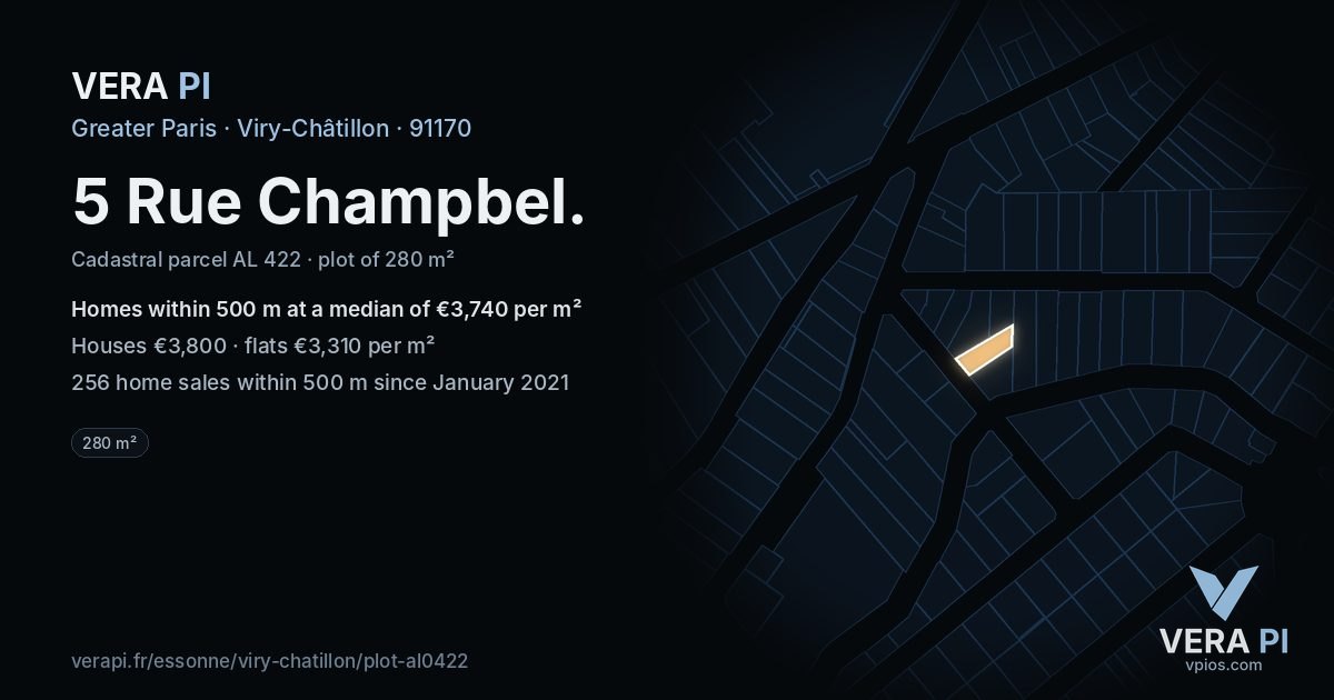5 Rue Champbel, Viry-Châtillon at night – the plot lit, the parcels around coloured by the prices near them