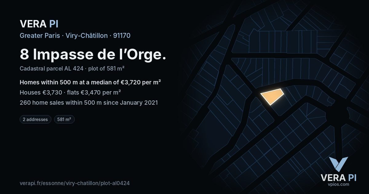 8 Impasse de l’Orge, Viry-Châtillon at night – the plot lit, the parcels around coloured by the prices near them