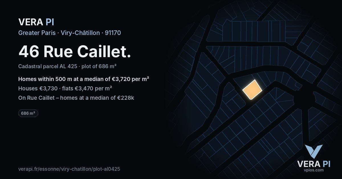 46 Rue Caillet, Viry-Châtillon at night – the plot lit, the parcels around coloured by the prices near them