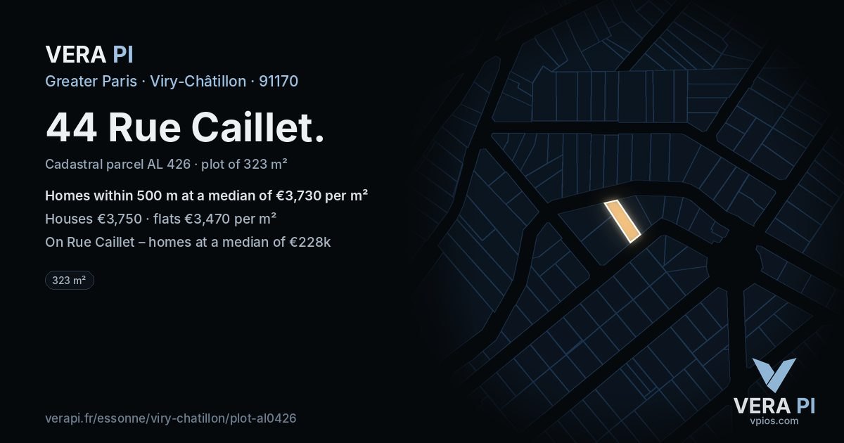 44 Rue Caillet, Viry-Châtillon at night – the plot lit, the parcels around coloured by the prices near them