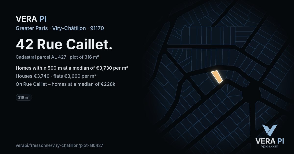 42 Rue Caillet, Viry-Châtillon at night – the plot lit, the parcels around coloured by the prices near them