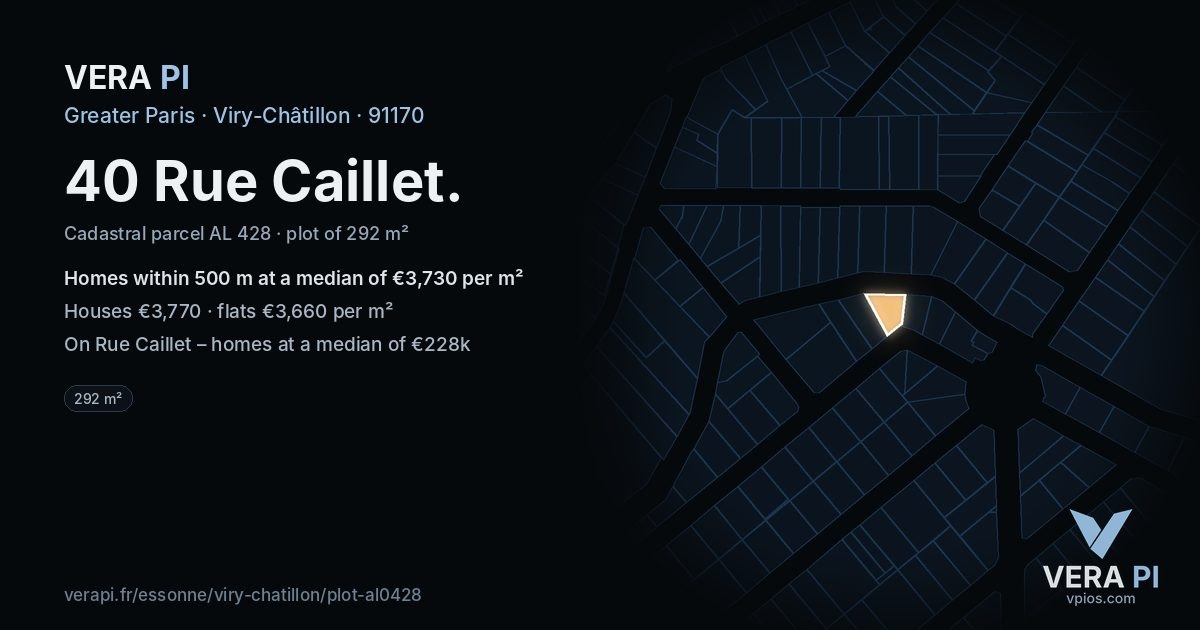 40 Rue Caillet, Viry-Châtillon at night – the plot lit, the parcels around coloured by the prices near them