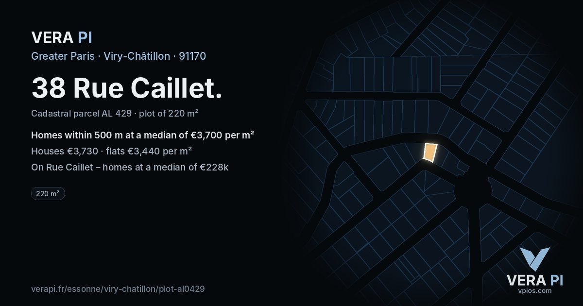 38 Rue Caillet, Viry-Châtillon at night – the plot lit, the parcels around coloured by the prices near them