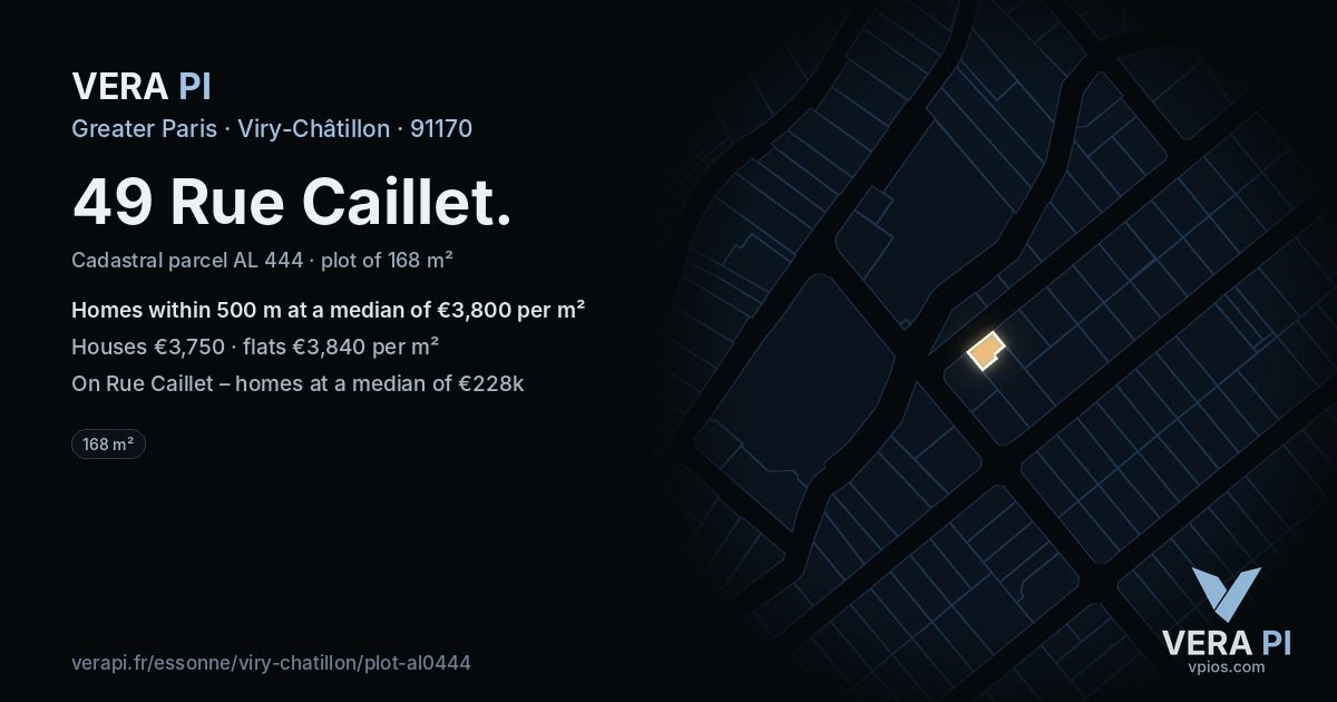 49 Rue Caillet, Viry-Châtillon at night – the plot lit, the parcels around coloured by the prices near them
