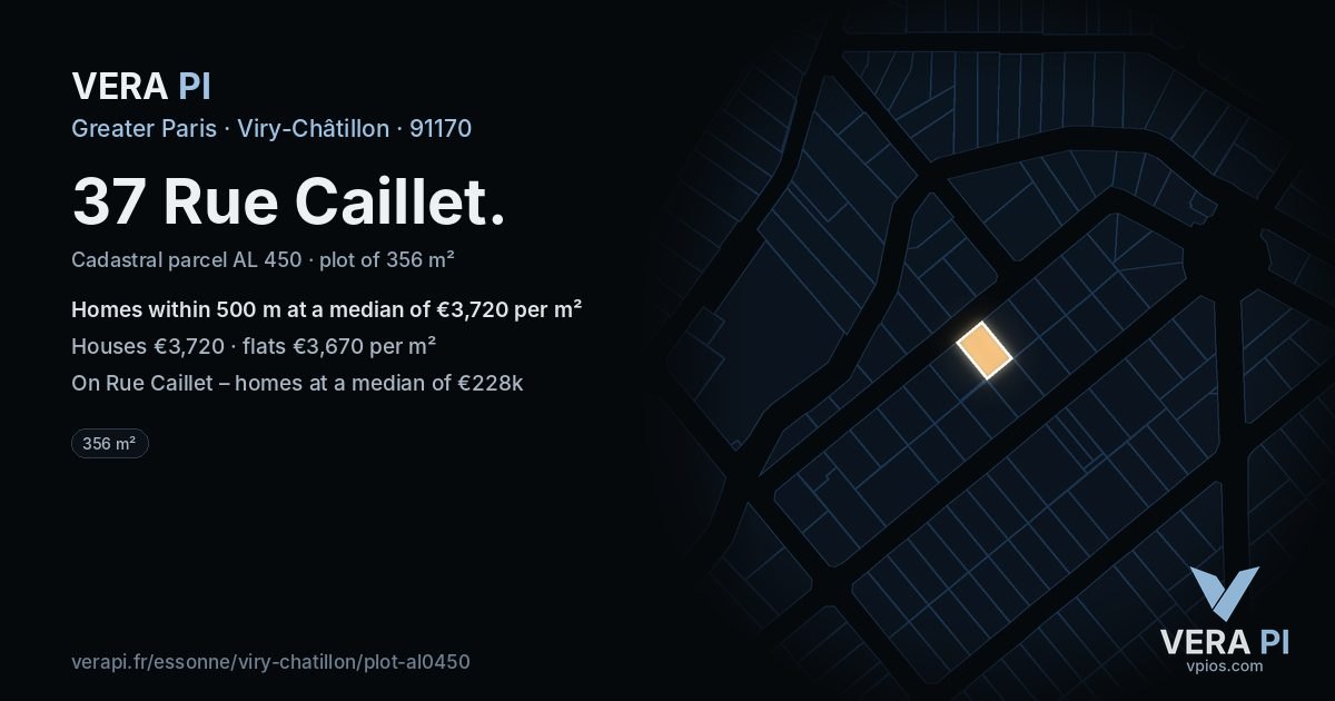 37 Rue Caillet, Viry-Châtillon at night – the plot lit, the parcels around coloured by the prices near them