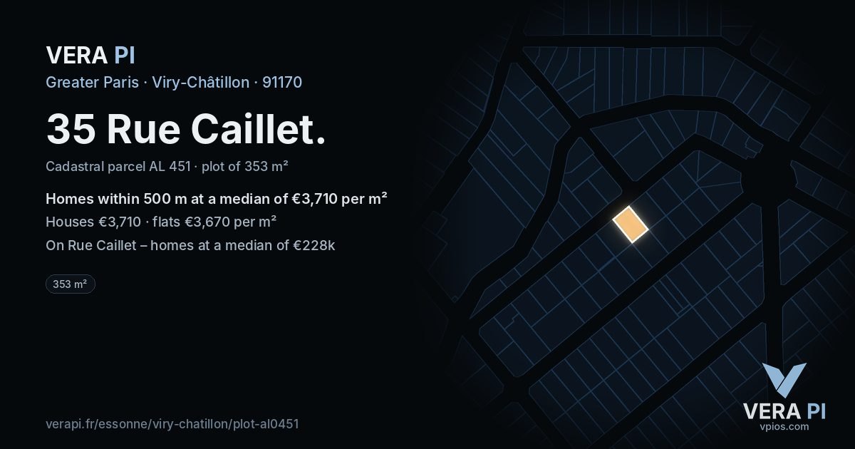 35 Rue Caillet, Viry-Châtillon at night – the plot lit, the parcels around coloured by the prices near them
