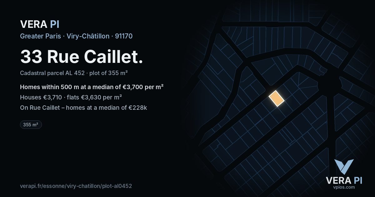 33 Rue Caillet, Viry-Châtillon at night – the plot lit, the parcels around coloured by the prices near them