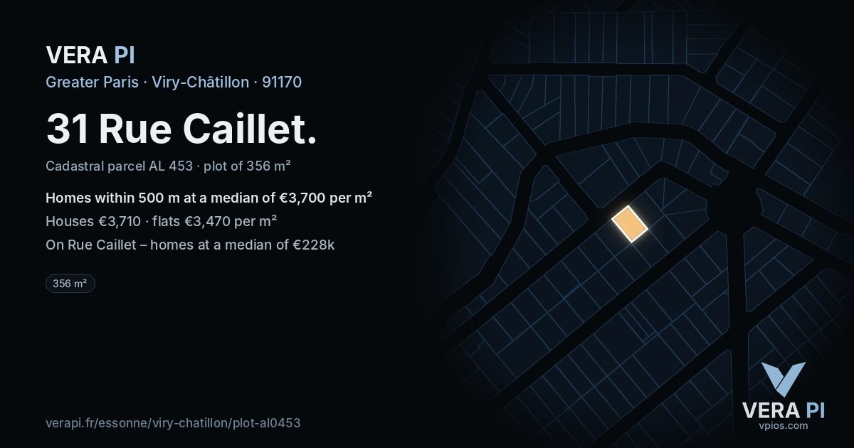 31 Rue Caillet, Viry-Châtillon at night – the plot lit, the parcels around coloured by the prices near them