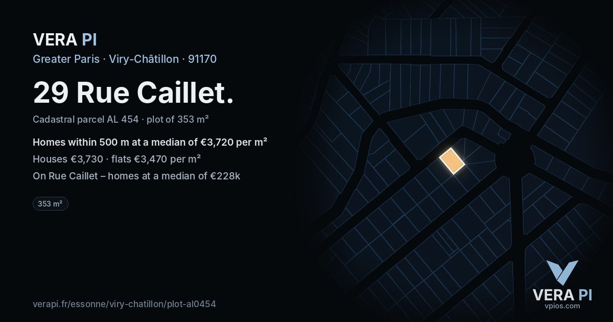 29 Rue Caillet, Viry-Châtillon at night – the plot lit, the parcels around coloured by the prices near them