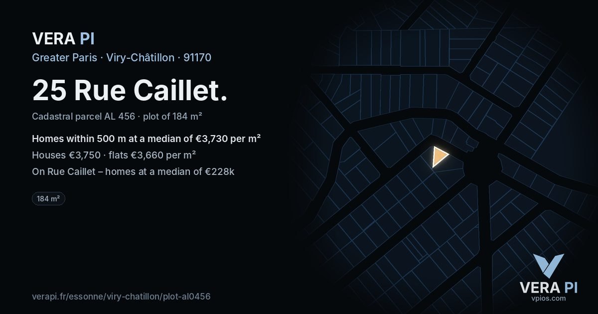 25 Rue Caillet, Viry-Châtillon at night – the plot lit, the parcels around coloured by the prices near them