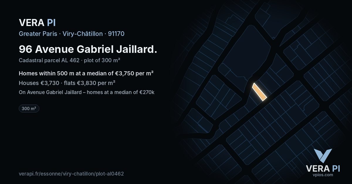 96 Avenue Gabriel Jaillard, Viry-Châtillon at night – the plot lit, the parcels around coloured by the prices near them