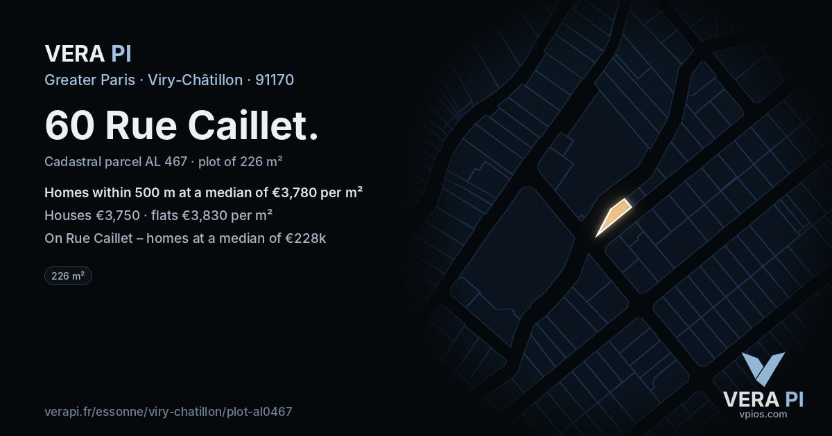 60 Rue Caillet, Viry-Châtillon at night – the plot lit, the parcels around coloured by the prices near them