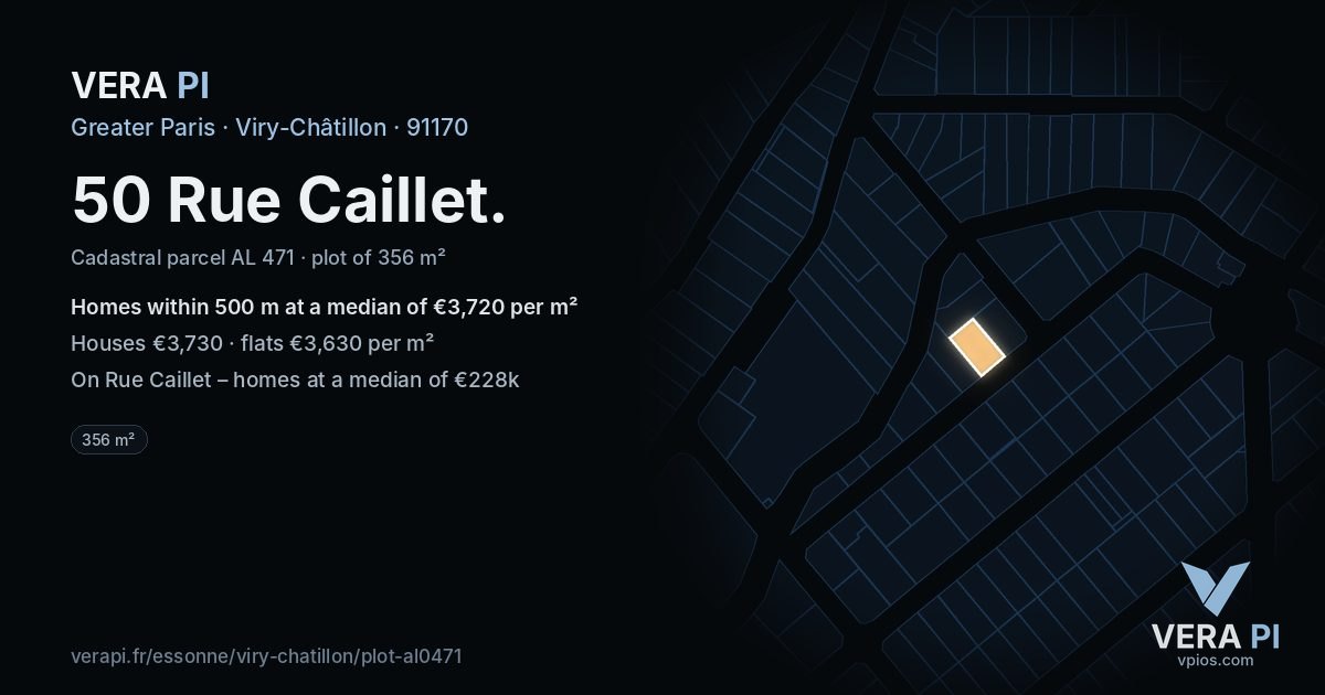 50 Rue Caillet, Viry-Châtillon at night – the plot lit, the parcels around coloured by the prices near them