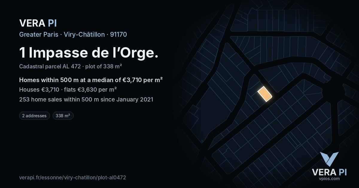 1 Impasse de l’Orge, Viry-Châtillon at night – the plot lit, the parcels around coloured by the prices near them