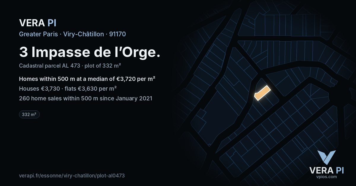 3 Impasse de l’Orge, Viry-Châtillon at night – the plot lit, the parcels around coloured by the prices near them