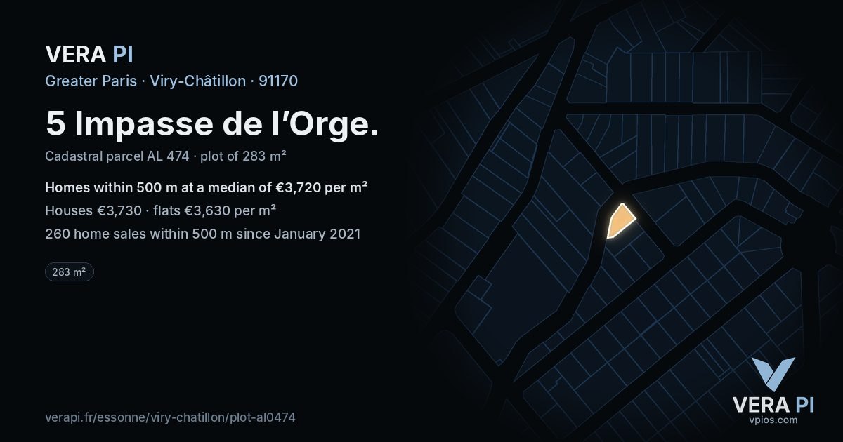 5 Impasse de l’Orge, Viry-Châtillon at night – the plot lit, the parcels around coloured by the prices near them