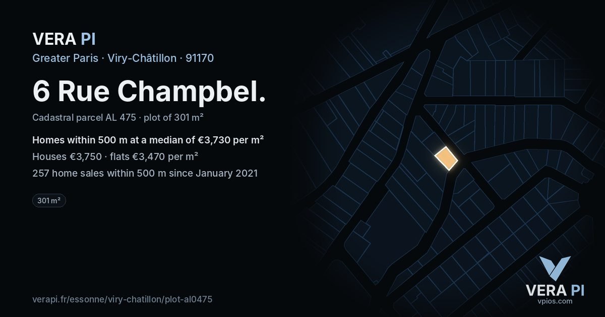 6 Rue Champbel, Viry-Châtillon at night – the plot lit, the parcels around coloured by the prices near them