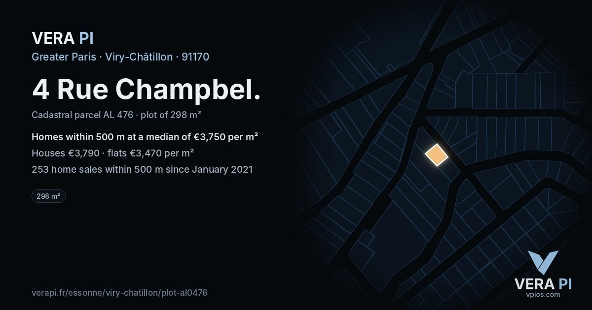 4 Rue Champbel, Viry-Châtillon at night – the plot lit, the parcels around coloured by the prices near them