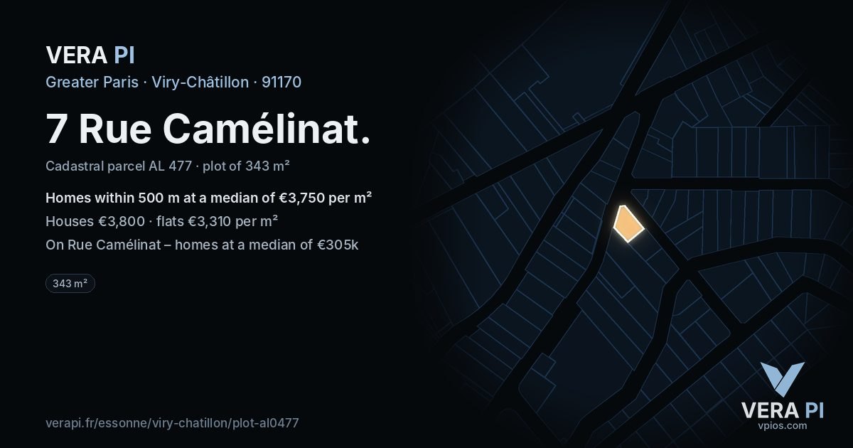 7 Rue Camélinat, Viry-Châtillon at night – the plot lit, the parcels around coloured by the prices near them
