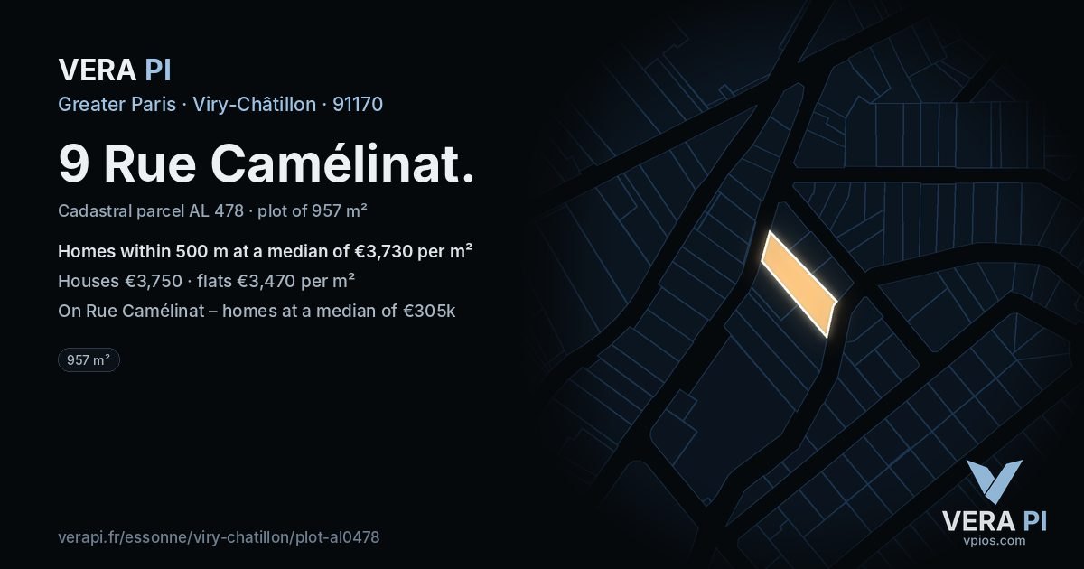 9 Rue Camélinat, Viry-Châtillon at night – the plot lit, the parcels around coloured by the prices near them