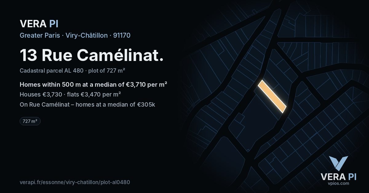 13 Rue Camélinat, Viry-Châtillon at night – the plot lit, the parcels around coloured by the prices near them