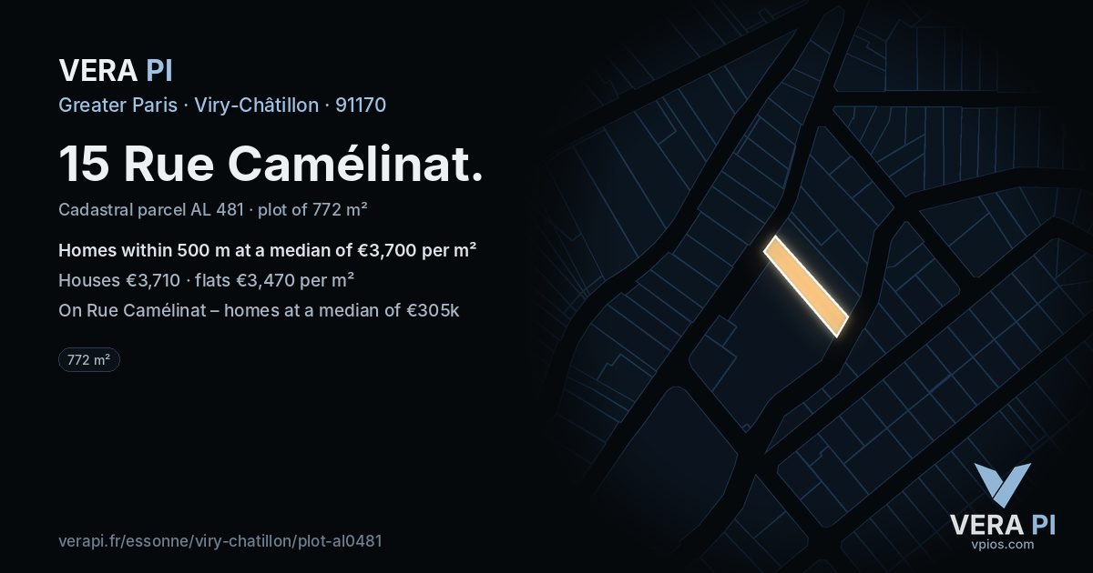 15 Rue Camélinat, Viry-Châtillon at night – the plot lit, the parcels around coloured by the prices near them