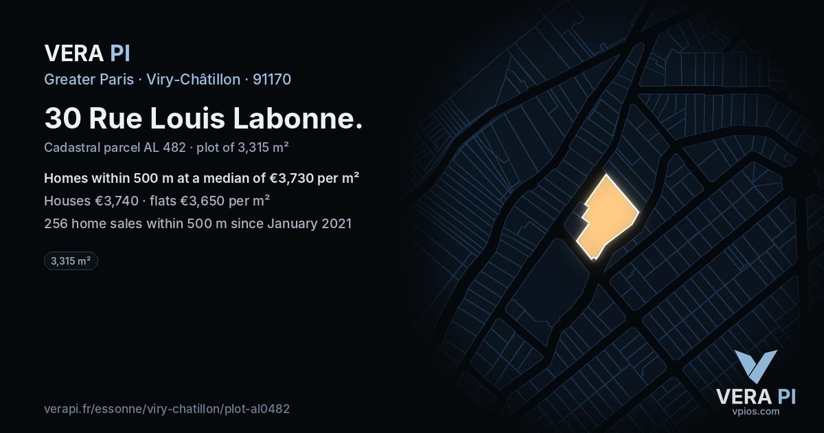 30 Rue Louis Labonne, Viry-Châtillon at night – the plot lit, the parcels around coloured by the prices near them