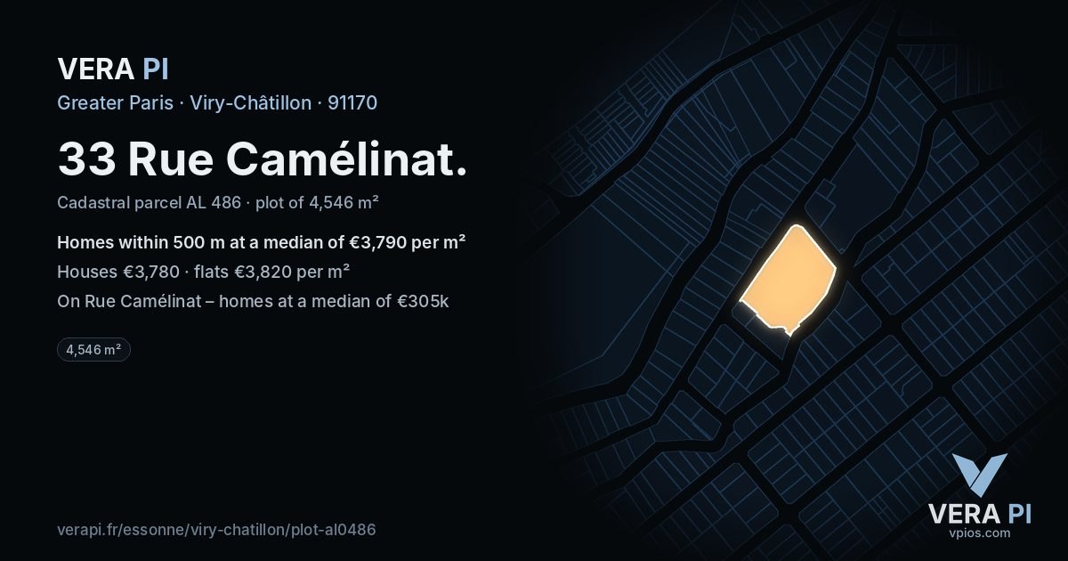 33 Rue Camélinat, Viry-Châtillon at night – the plot lit, the parcels around coloured by the prices near them