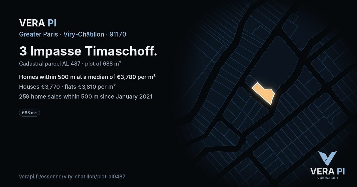 3 Impasse Timaschoff, Viry-Châtillon at night – the plot lit, the parcels around coloured by the prices near them