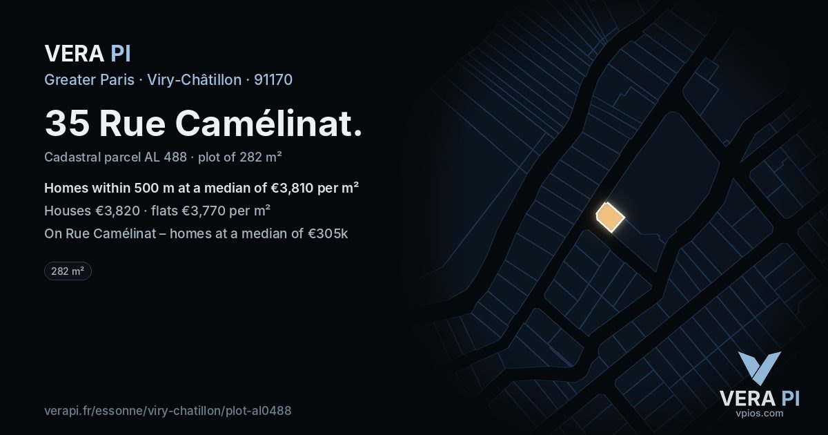 35 Rue Camélinat, Viry-Châtillon at night – the plot lit, the parcels around coloured by the prices near them