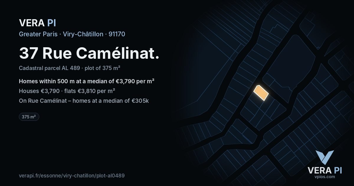 37 Rue Camélinat, Viry-Châtillon at night – the plot lit, the parcels around coloured by the prices near them
