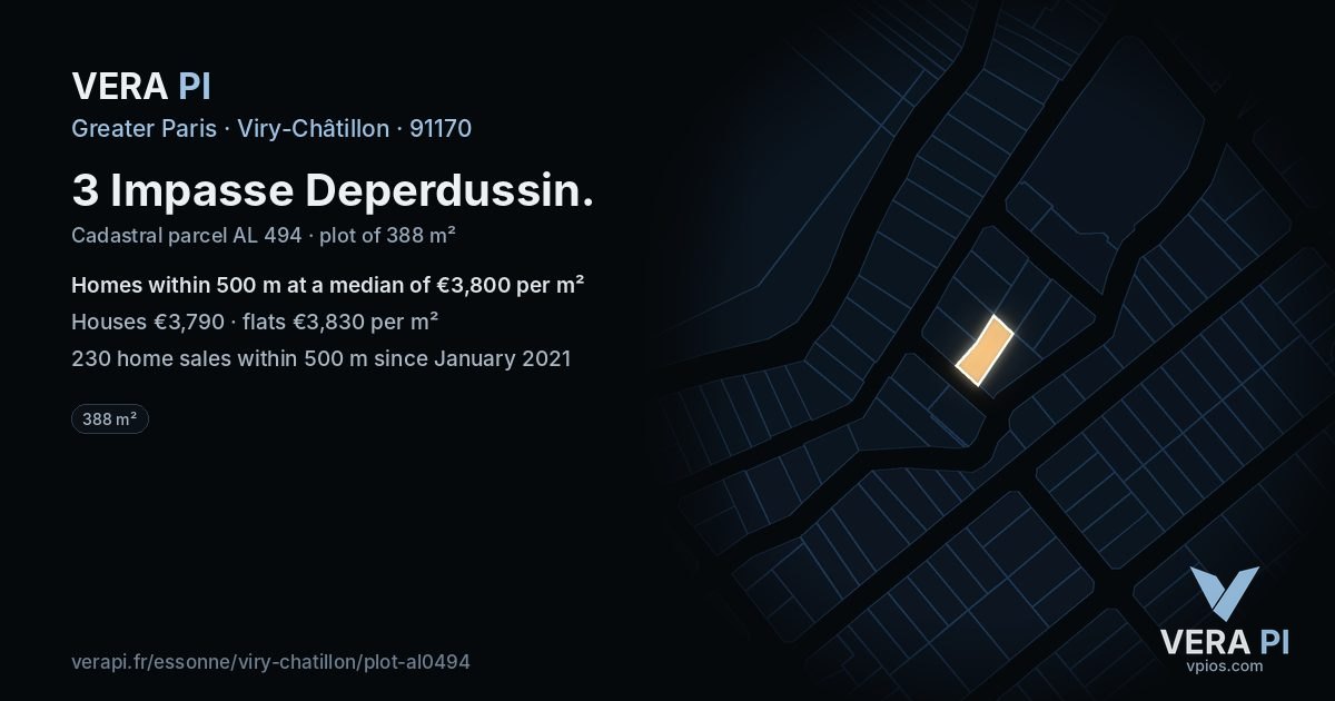 3 Impasse Deperdussin, Viry-Châtillon at night – the plot lit, the parcels around coloured by the prices near them