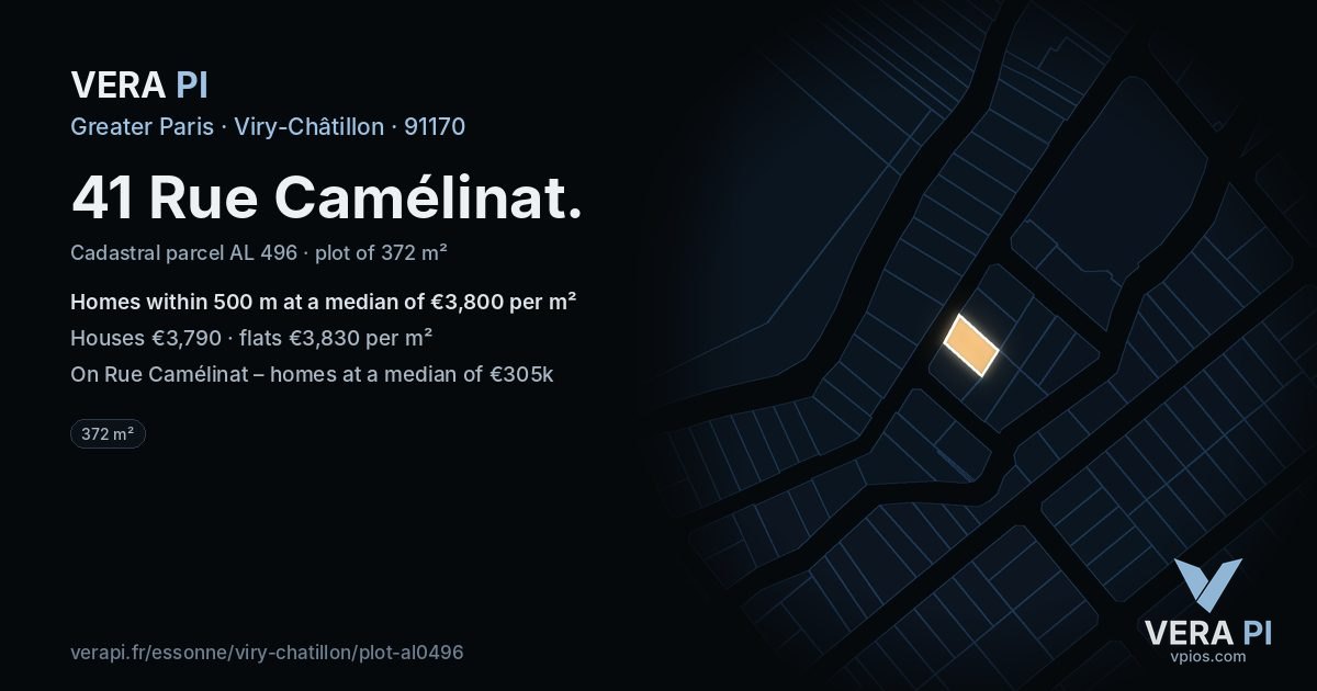 41 Rue Camélinat, Viry-Châtillon at night – the plot lit, the parcels around coloured by the prices near them