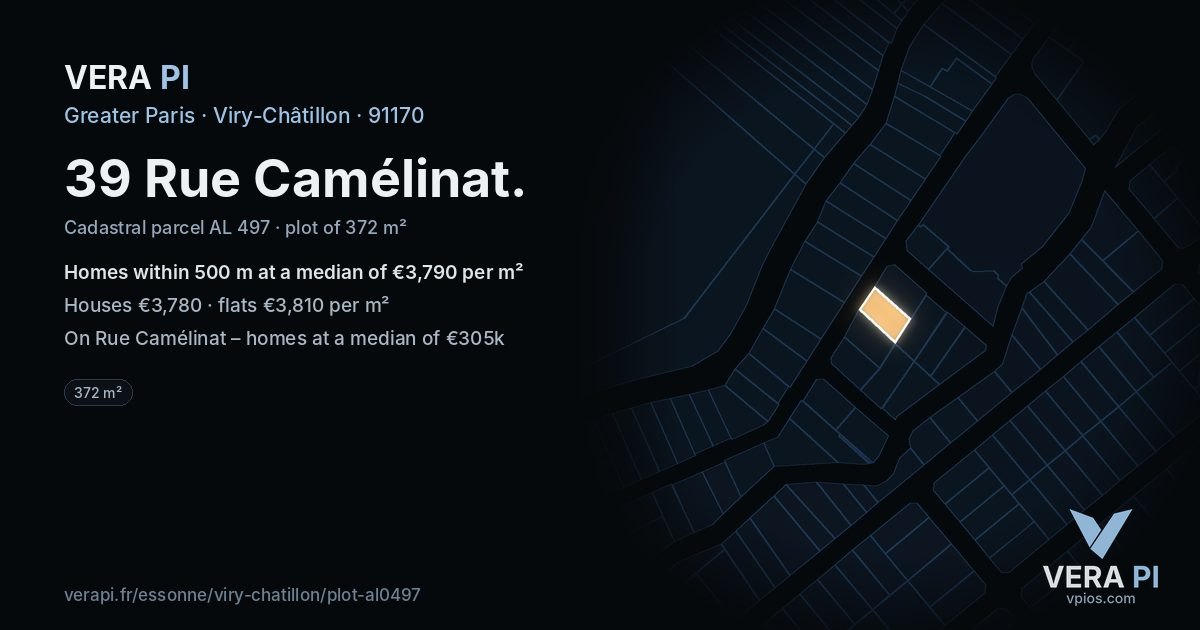 39 Rue Camélinat, Viry-Châtillon at night – the plot lit, the parcels around coloured by the prices near them