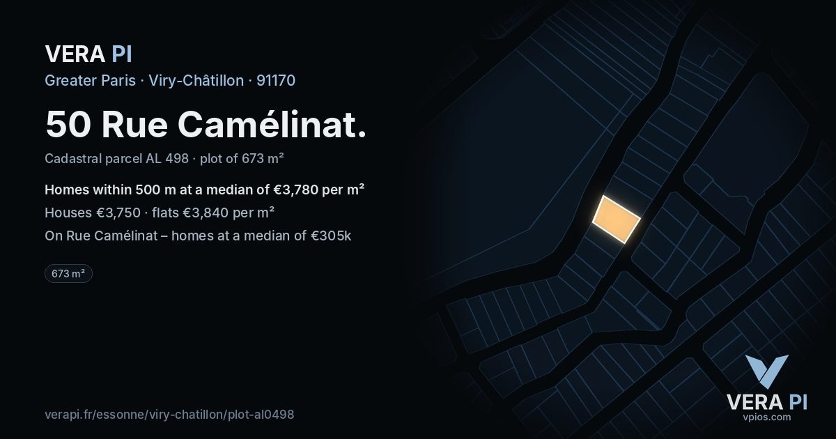50 Rue Camélinat, Viry-Châtillon at night – the plot lit, the parcels around coloured by the prices near them