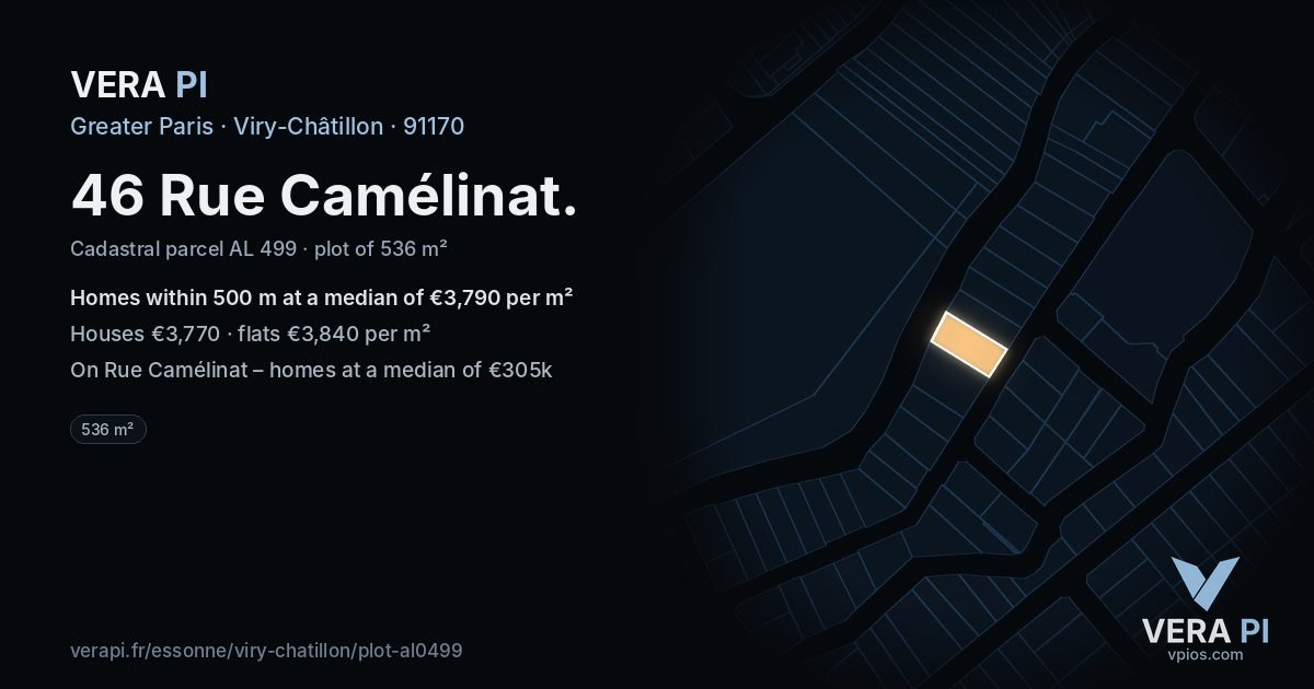 46 Rue Camélinat, Viry-Châtillon at night – the plot lit, the parcels around coloured by the prices near them