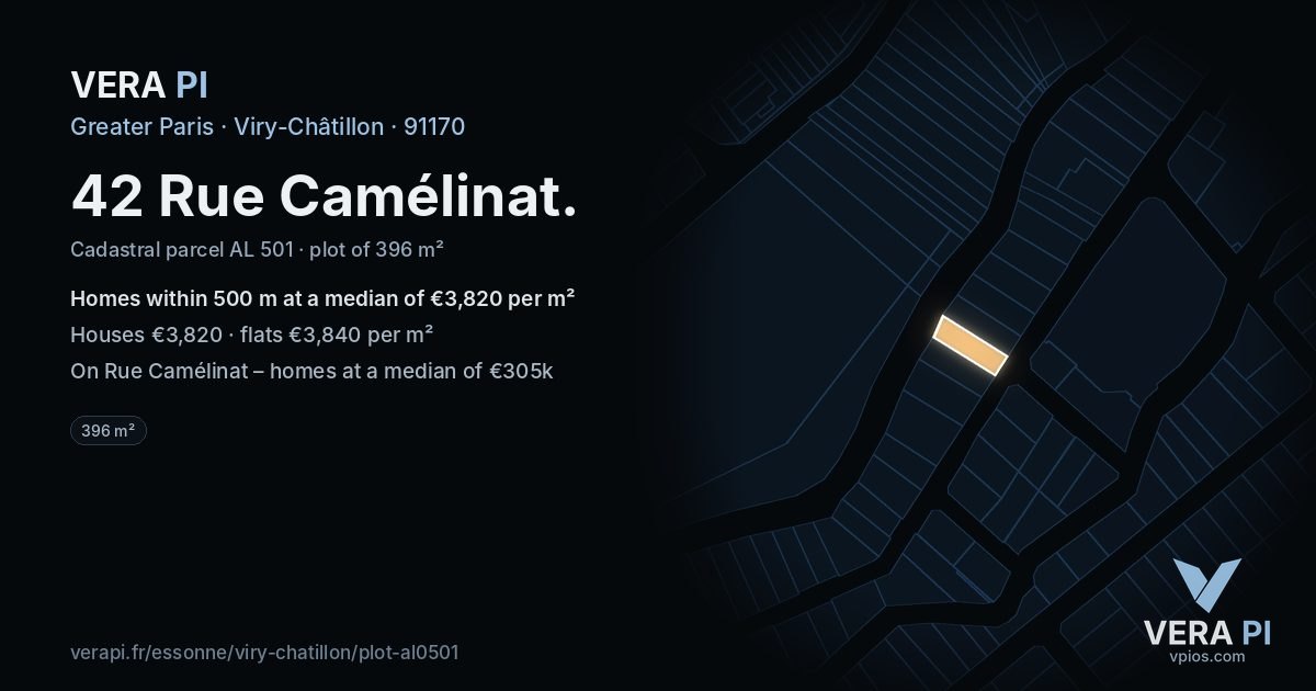 42 Rue Camélinat, Viry-Châtillon at night – the plot lit, the parcels around coloured by the prices near them
