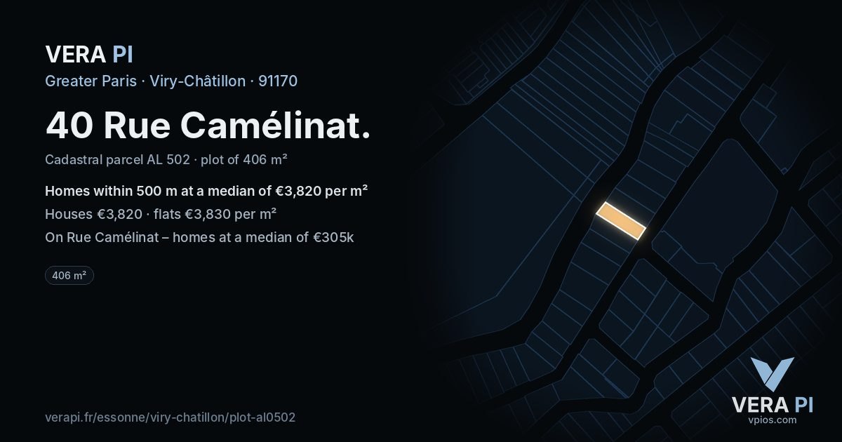 40 Rue Camélinat, Viry-Châtillon at night – the plot lit, the parcels around coloured by the prices near them