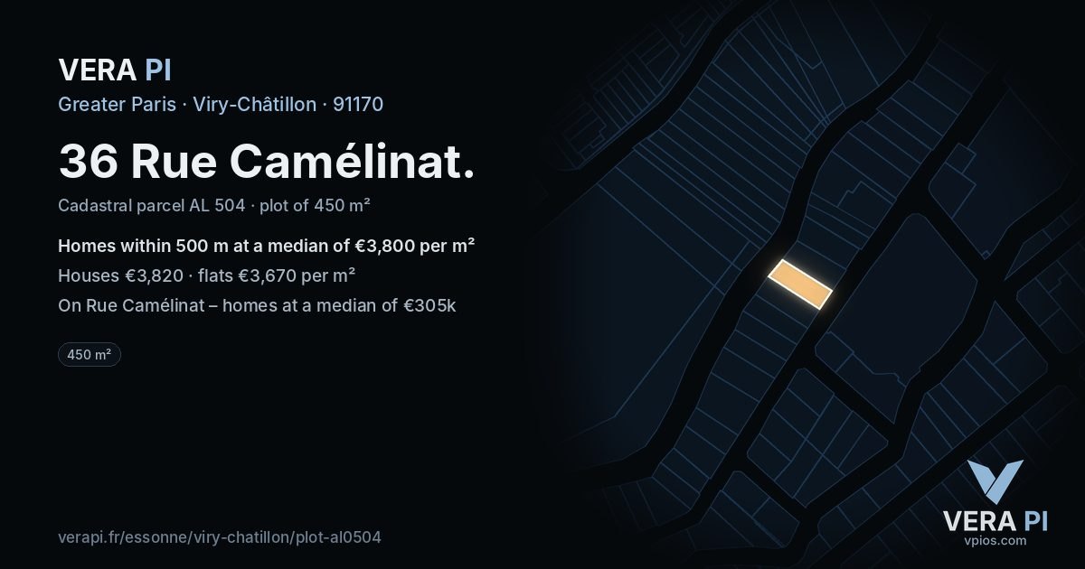 36 Rue Camélinat, Viry-Châtillon at night – the plot lit, the parcels around coloured by the prices near them