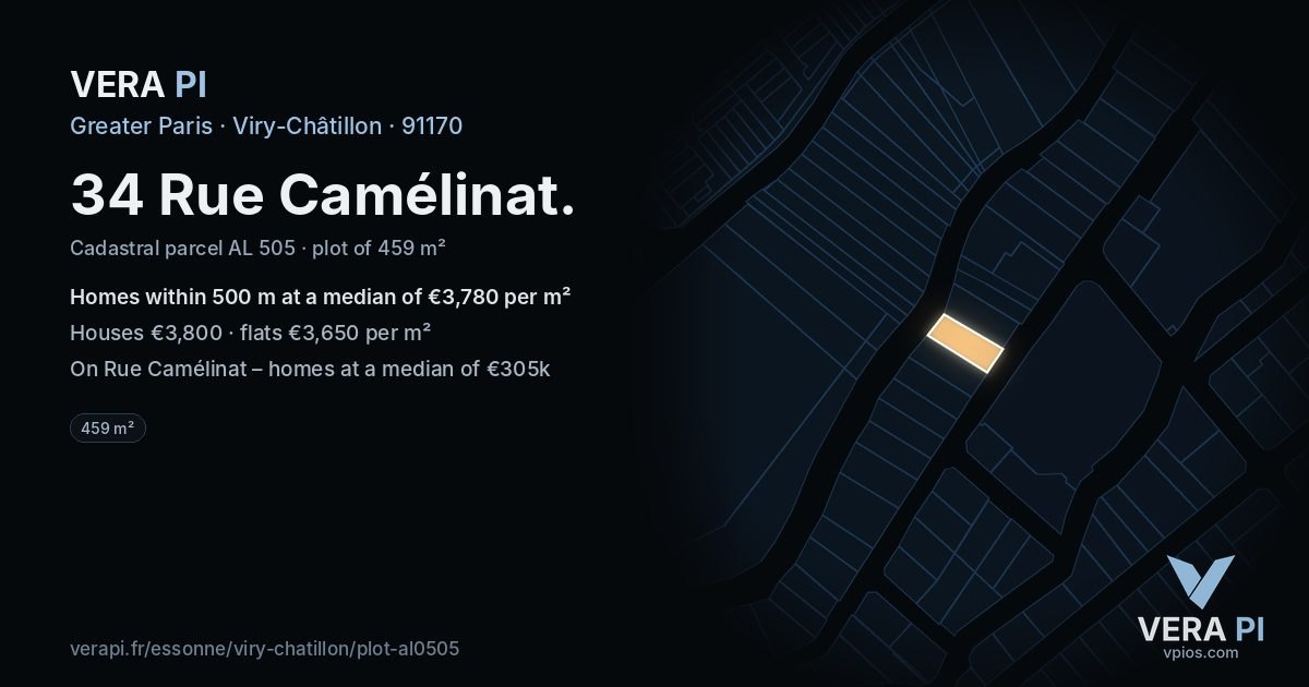 34 Rue Camélinat, Viry-Châtillon at night – the plot lit, the parcels around coloured by the prices near them