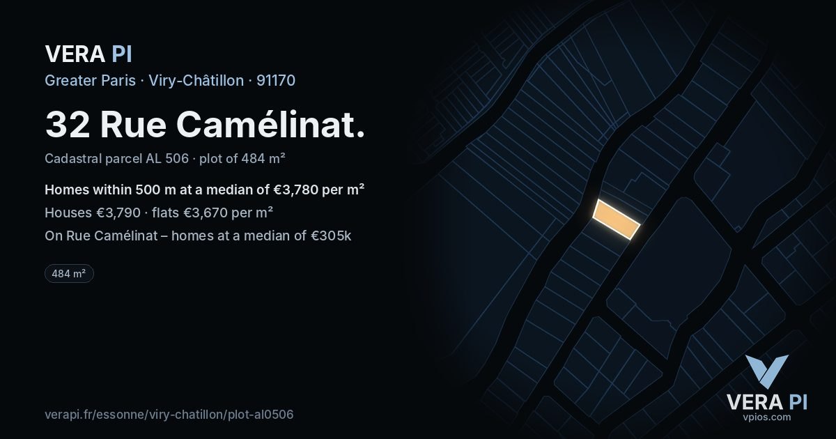 32 Rue Camélinat, Viry-Châtillon at night – the plot lit, the parcels around coloured by the prices near them