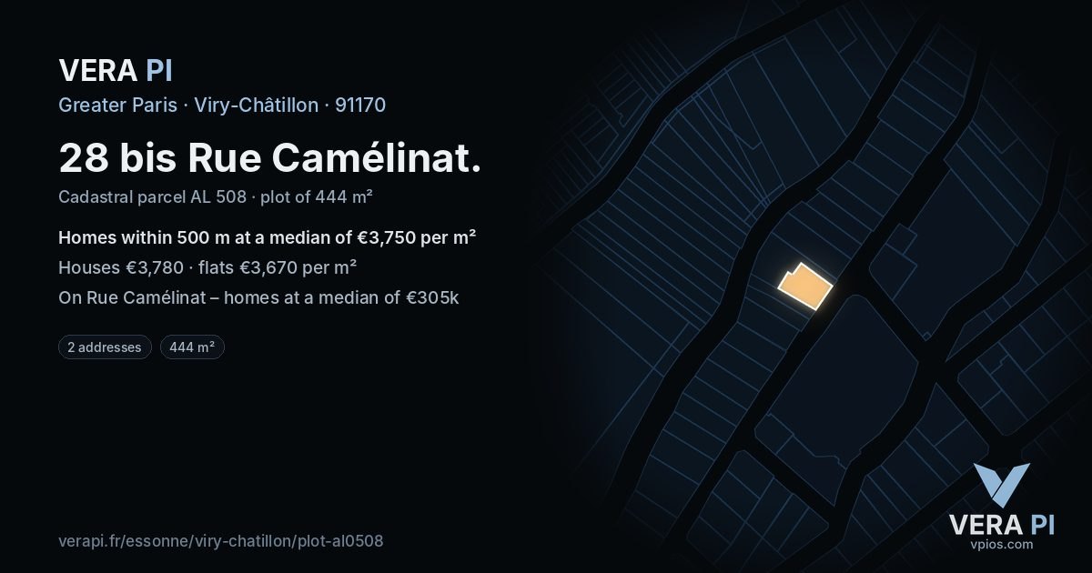 28 bis Rue Camélinat, Viry-Châtillon at night – the plot lit, the parcels around coloured by the prices near them