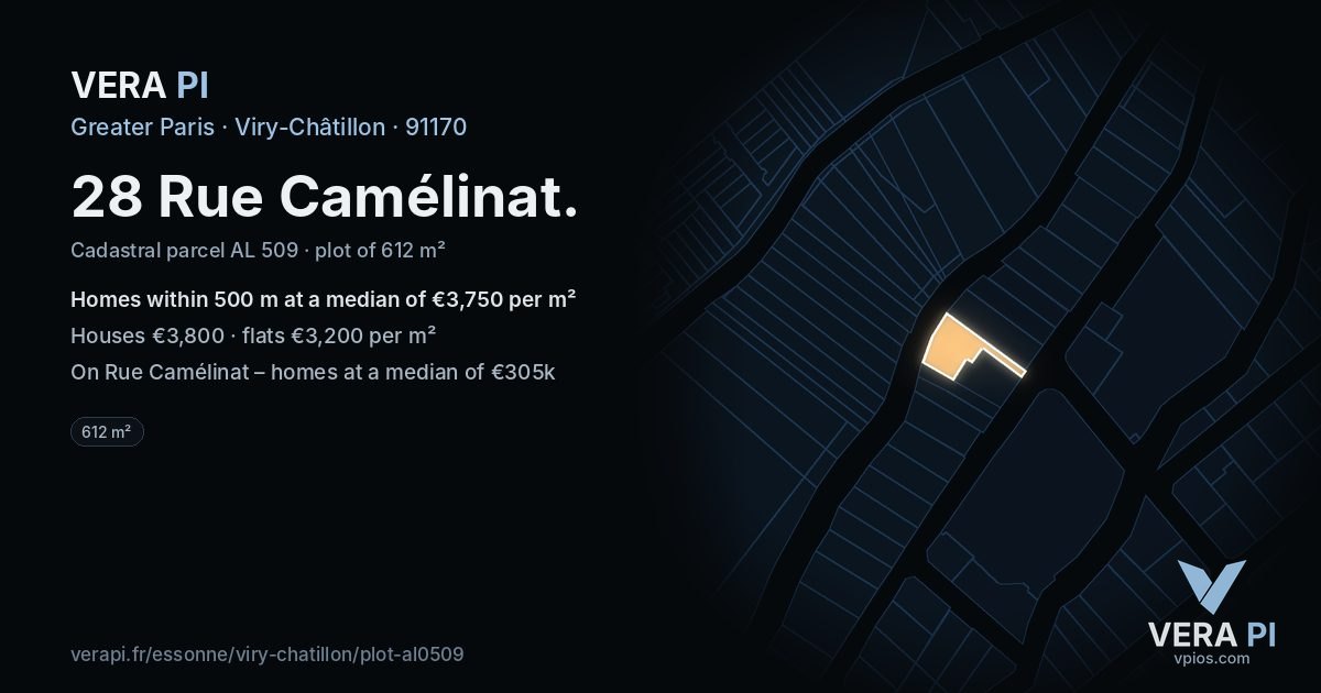 28 Rue Camélinat, Viry-Châtillon at night – the plot lit, the parcels around coloured by the prices near them
