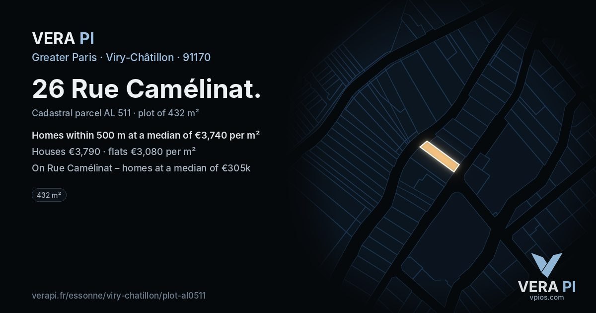 26 Rue Camélinat, Viry-Châtillon at night – the plot lit, the parcels around coloured by the prices near them